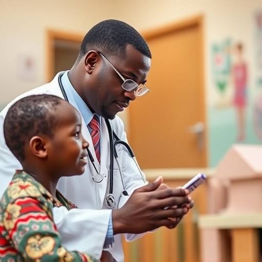 A Ugandan doctor examining a patient in a clinic.
