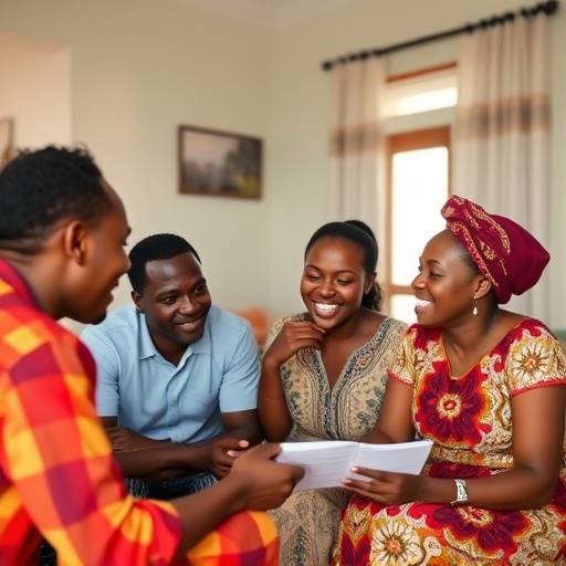 A Ugandan family happily discussing finances at their home.
