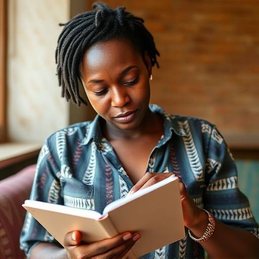 A Ugandan woman using a notebook to create a budget, illustrating financial planning and responsibility.