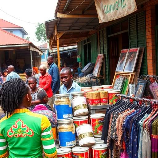 A vibrant Kampala marketplace scene, symbolizing the Ugandan economy and the need for financial literacy.