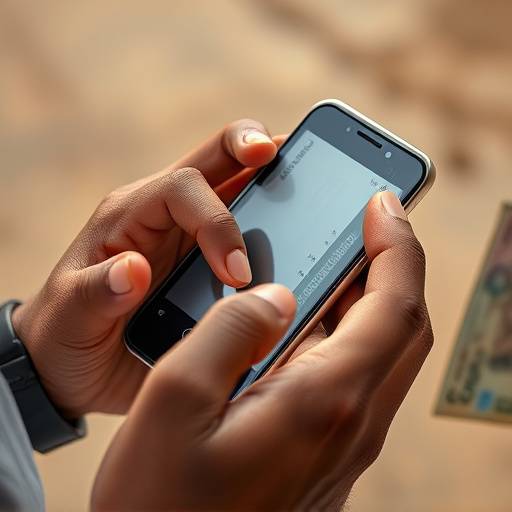 Hands using a mobile phone to make a mobile money transaction in Kampala, Uganda