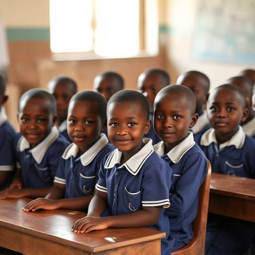 Ugandan children in school uniforms attending class.
