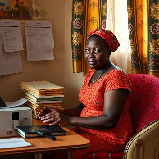Woman sitting at a desk, reviewing her budget with a calculator and notebook in Kampala, Uganda